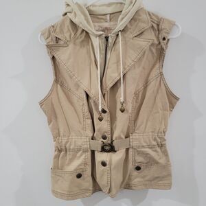 Vintage‎ Y2K Plugg Womens Jacket Size Large Vest Khaki Hooded Buckle Hip Hop